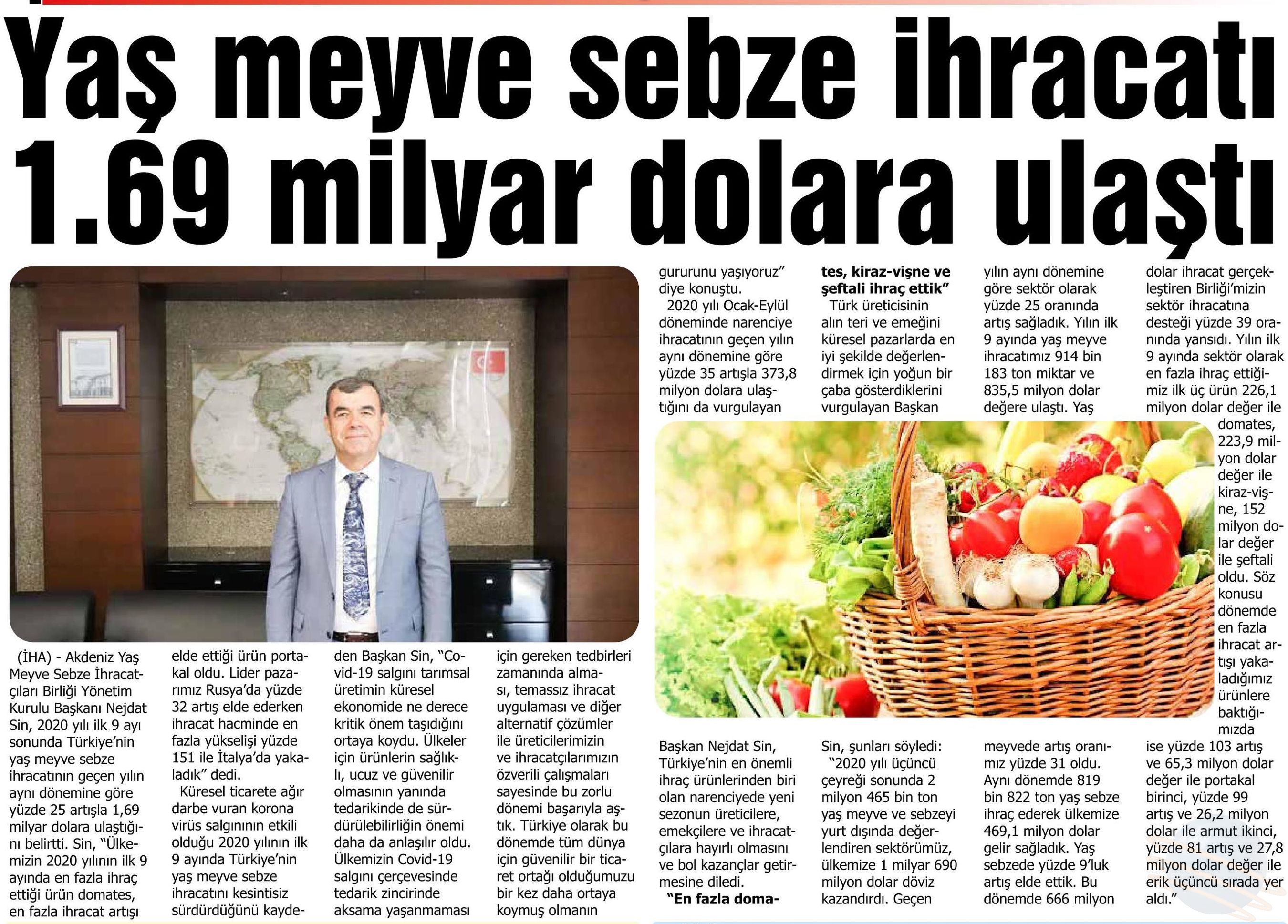 yas meyve sebze ihracati 1 69 milyar